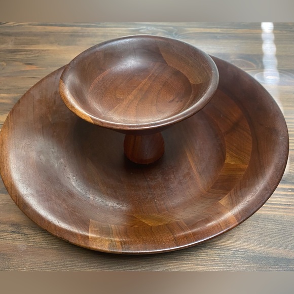 Vintage Mid Century Vermillion Walnut Chip and Dip Bowl - Picture 3 of 7